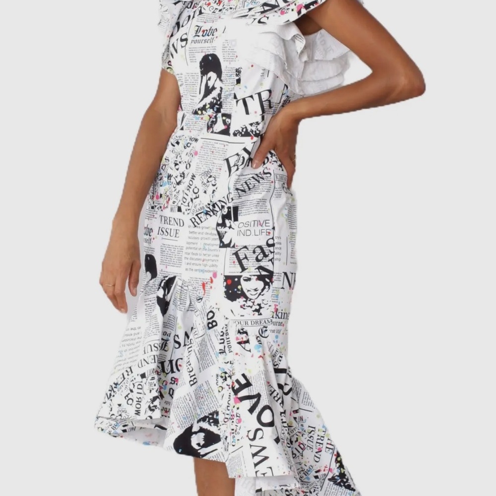 Stylish White Newspaper Print Dress